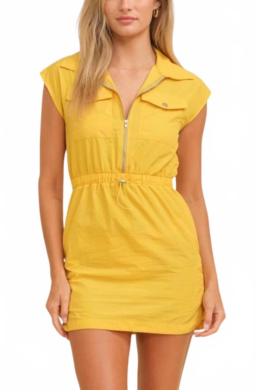 NEW HAUSEN cap sleeve zippered mini dress in yellow